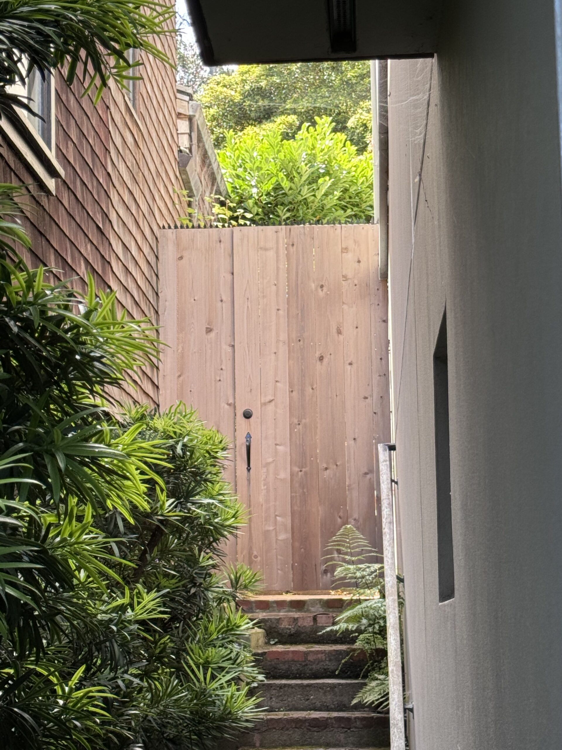 Holztor am oberen Ende einer kurzen Treppe, umgeben von Bepflanzung. Anti-Kletter-Spikes durchgehend an der Oberkante installiert.