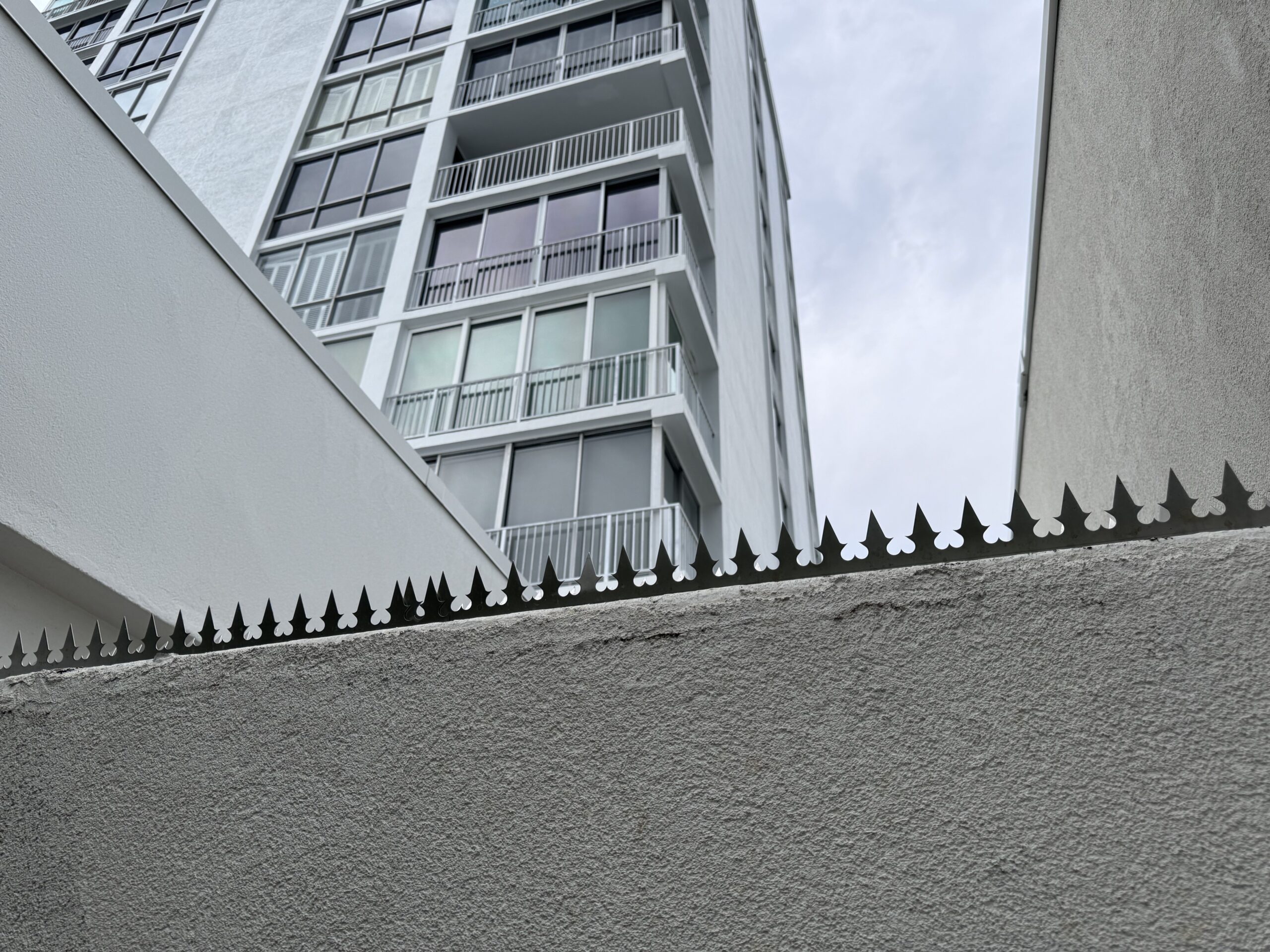 Nahaufnahme schwarzer Anti-Kletter-Spitzen entlang einer Beton- und Stuckmauer.