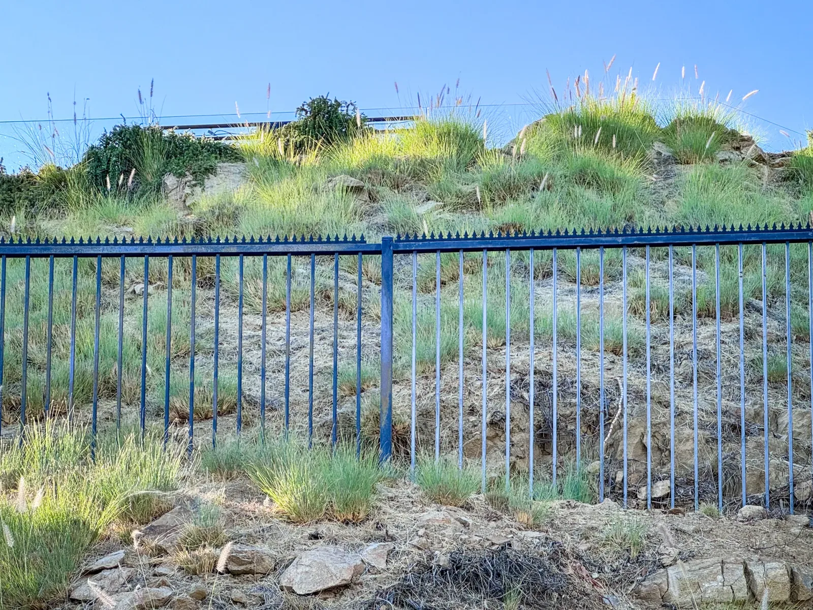 Long section of hillside metal fence. Gothic (Black) deterrent line installed continuously on the top edge.