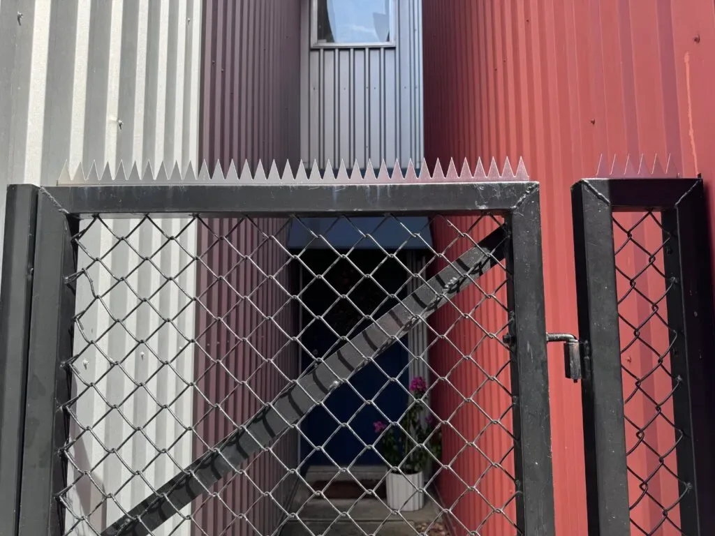 Chain link gate with spikes from the front. An entrance can be seen in the back.