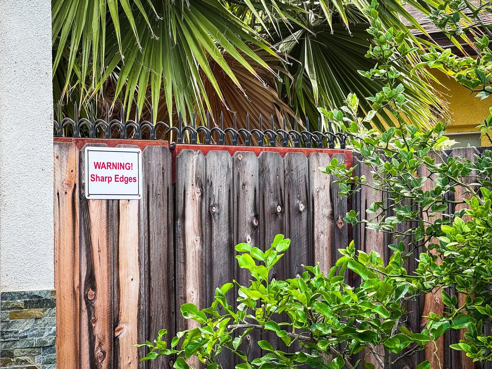 Weathered wood fence with black spikes and a "WARNING! Sharp Edges" sign, framed by palm leaves and green shrubs.