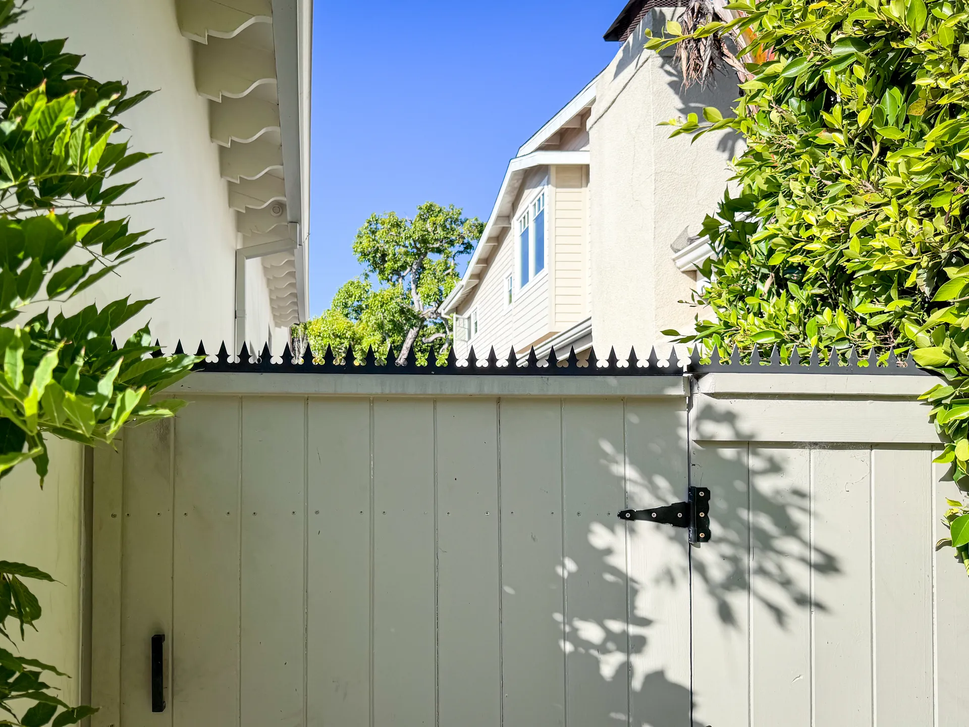 Sage-green board fence and side gate with black anti-climb spikes along the top, white dormer house behind