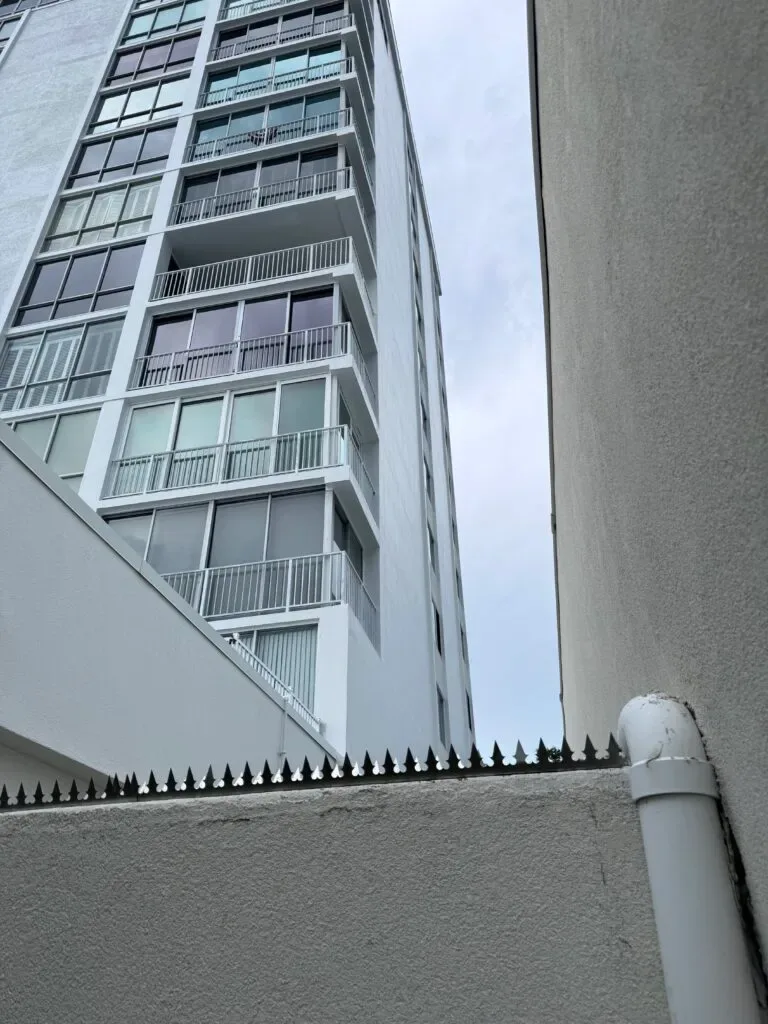 A view from the corner of a stucco wall with security spikes installed, located between two buildings.