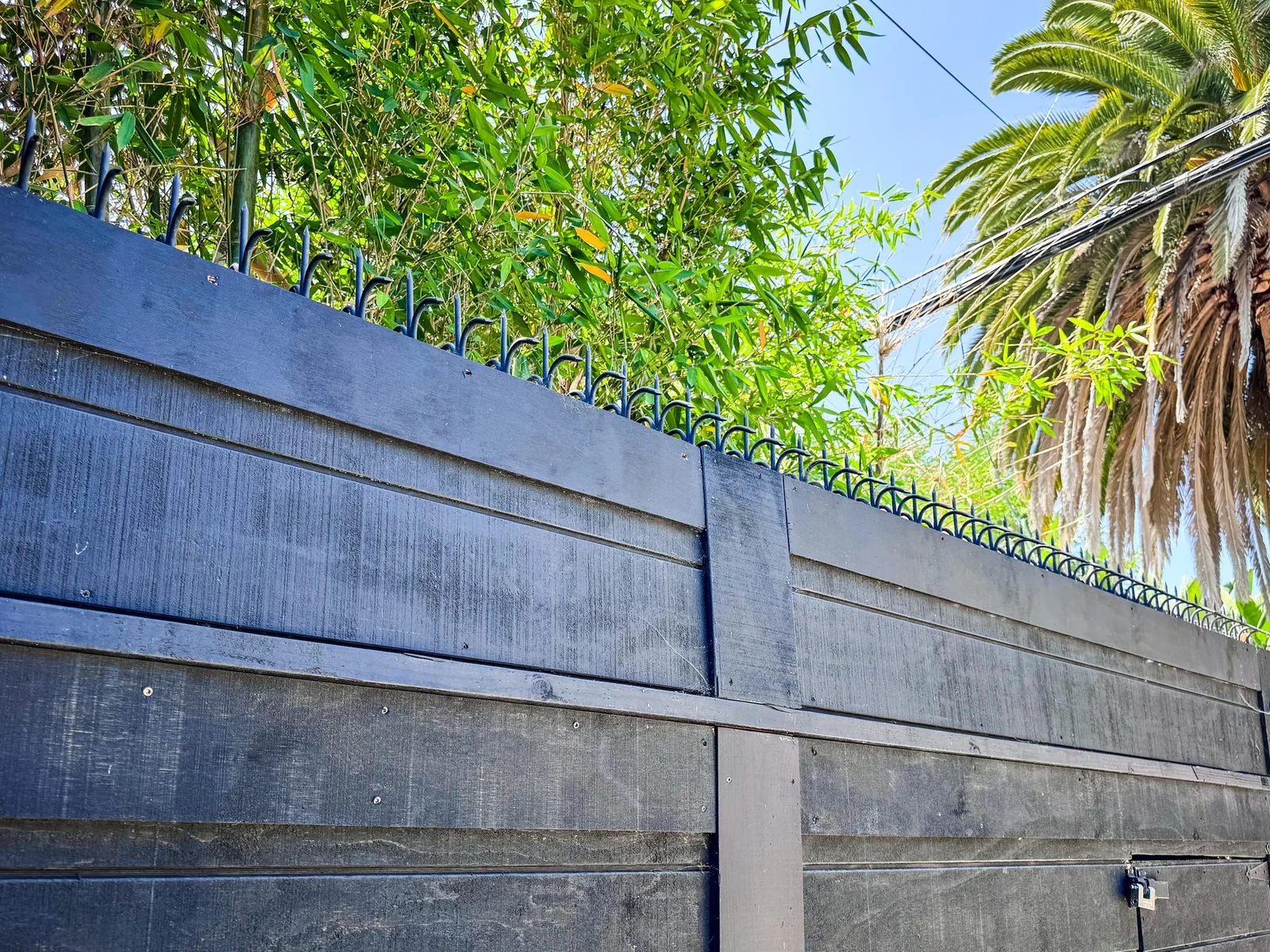 Angled view of a black wood gate latch area with curved spikes and overhead greenery.