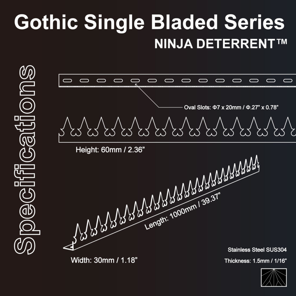 Ninja Deterrent Gothic Single Bladed Series specifications diagram showing stainless steel security spikes, 1000mm length, 60mm height, 30mm width, SUS304 material and oval mounting slots.