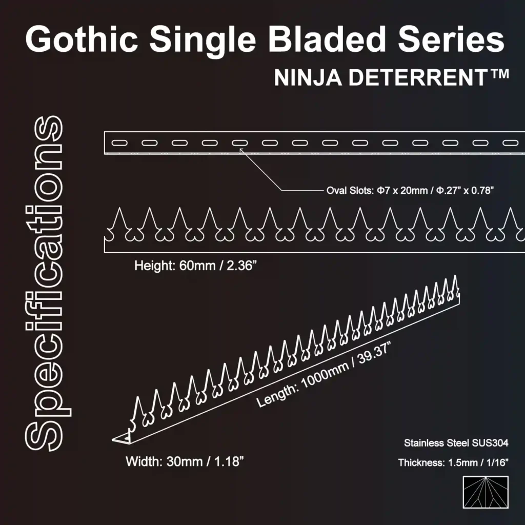 Ninja Deterrent Gothic Single Serie: Technische Spezifikationen und Maße für einreihige Übersteigschutz-Spikes aus SUS304 Edelstahl.