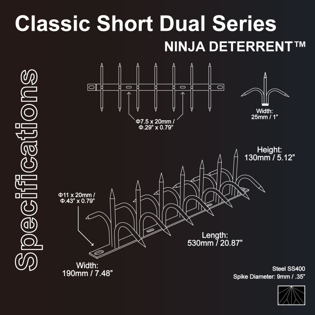 Technical diagram of Ninja Deterrent Classic Short Dual Series SS400 anti climb security spikes with measurements and mounting details.