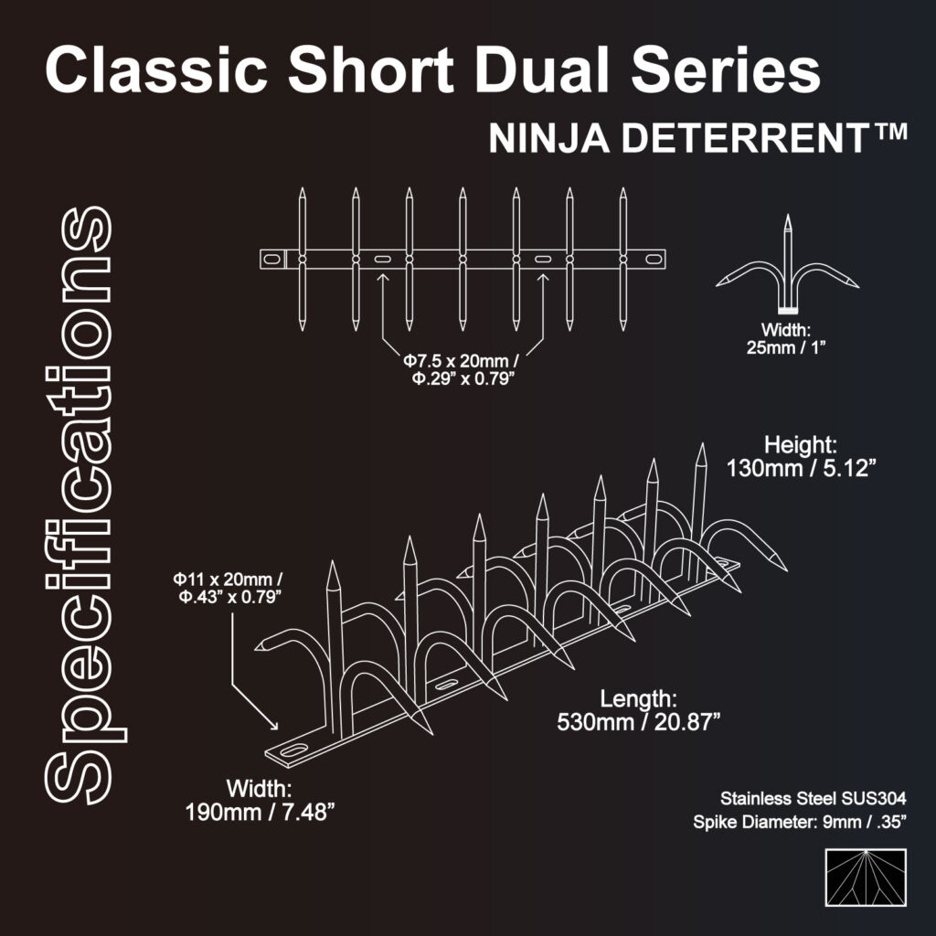 Technical diagram of Ninja Deterrent Classic Short Dual Series SUS304 stainless steel anti climb security spikes with full specifications.