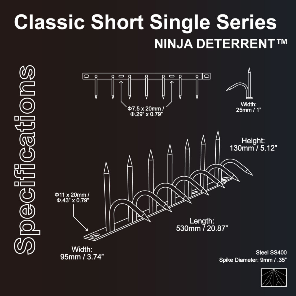 Technical diagram of Ninja Deterrent Classic Short Single Series SS400 anti climb security spikes with measurements.