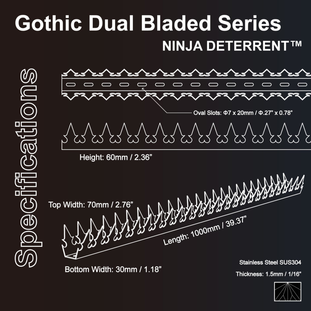 Specification diagram of the Ninja Deterrent Gothic Dual Bladed Series showing dimensions, stainless steel construction, and mounting slot details.