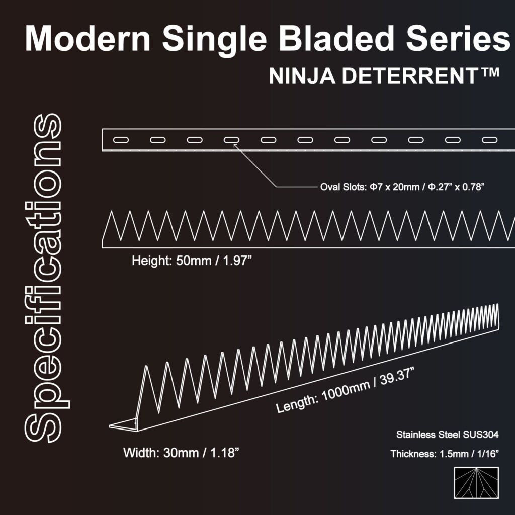 Technical diagram of Ninja Deterrent stainless steel security spikes, modern single bladed series, anti climb spikes with dimensions and mounting details.