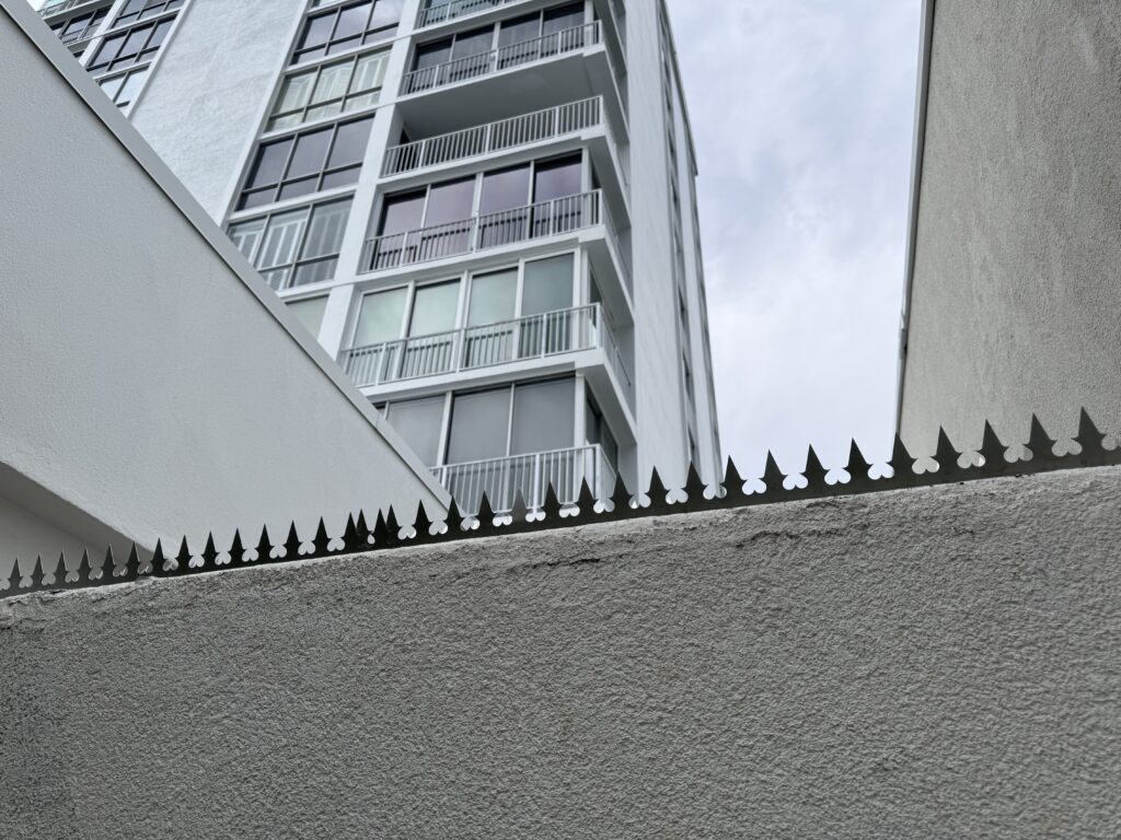 Primer plano de púas antiescalada negras instaladas a lo largo de un muro divisorio de hormigón/estuco.