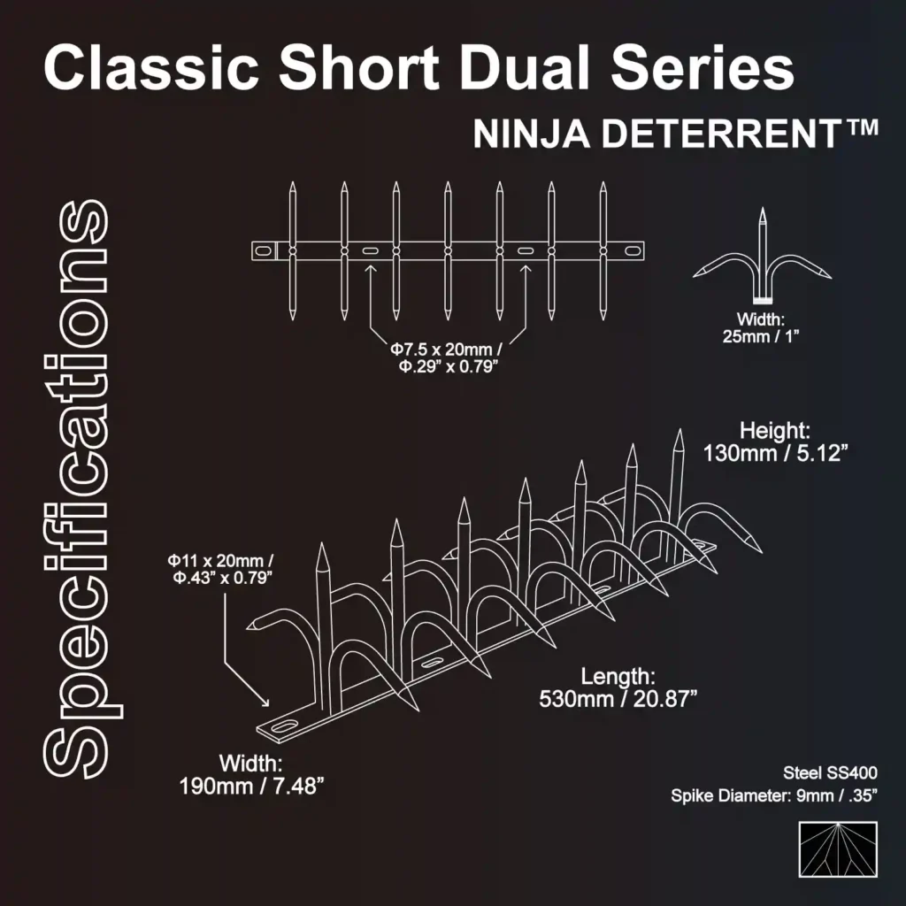 Classic Short Dual Series - Ninja Deterrent 防攀尖刺规格图，展示 SS400 碳钢材质的双排防盗刺参数，包含高度 130mm、长度 530mm 及安装孔位尺寸。