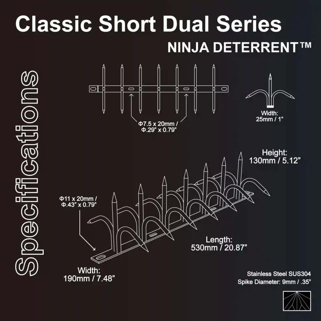 Classic Short Dual Series - Ninja Deterrent の製品仕様図。ステンレスSUS304製、高さ130mm、幅190mmの2列（複列）構造忍び返しの寸法表示。