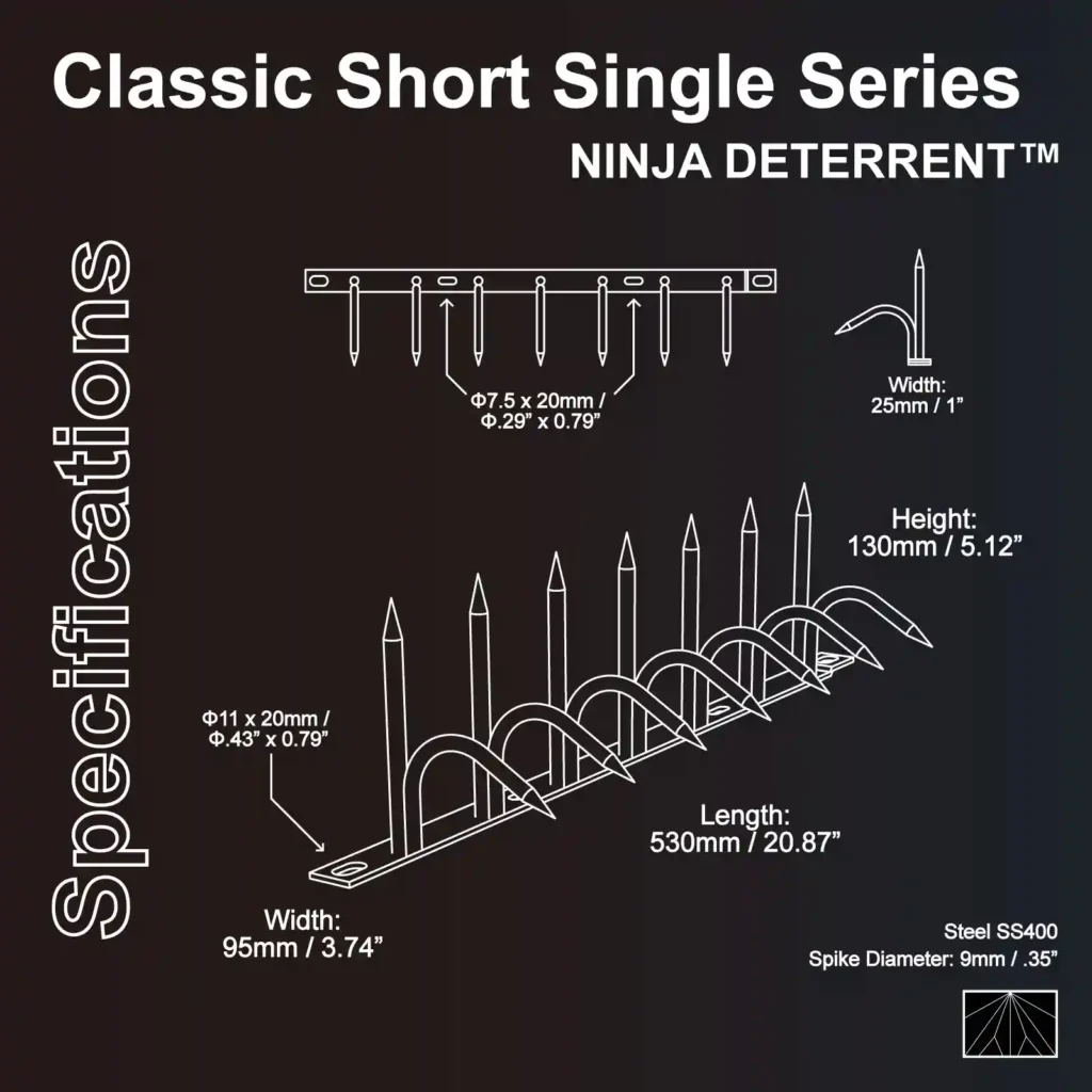 Classic Short Single Series - Ninja Deterrent 单排防攀尖刺规格图，展示 SS400 钢材制的防盗刺技术参数，包含高度 130mm、底座宽度 95mm 及长度 530mm。