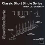 Classic Short Single Series - Ninja Deterrent の設計図。スチールSS400製、高さ130mm、幅95mmのコンパクトな単列型侵入防止スパイクの仕様詳細。