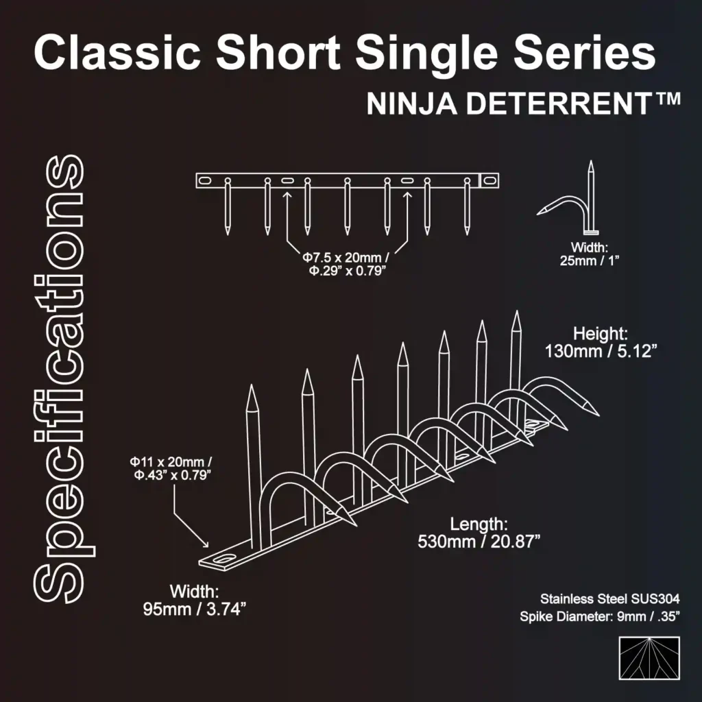 Produktdatenblatt der Ninja Deterrent Abwehrspitzen Serie Classic Short Single (einreihig) aus hochwertigem Baustahl SS400.