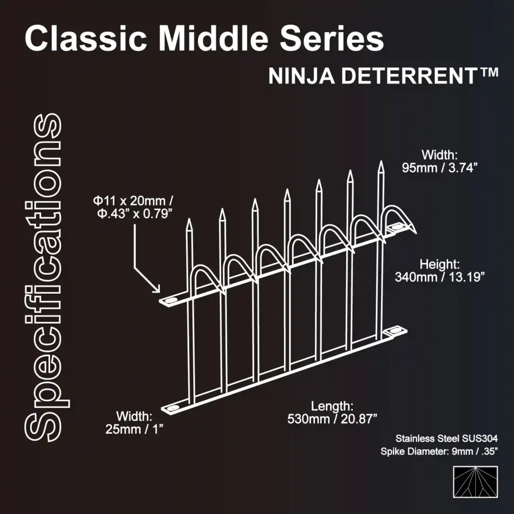 Technical specifications for Classic Middle Series Ninja Deterrent spikes in SUS304 stainless steel.