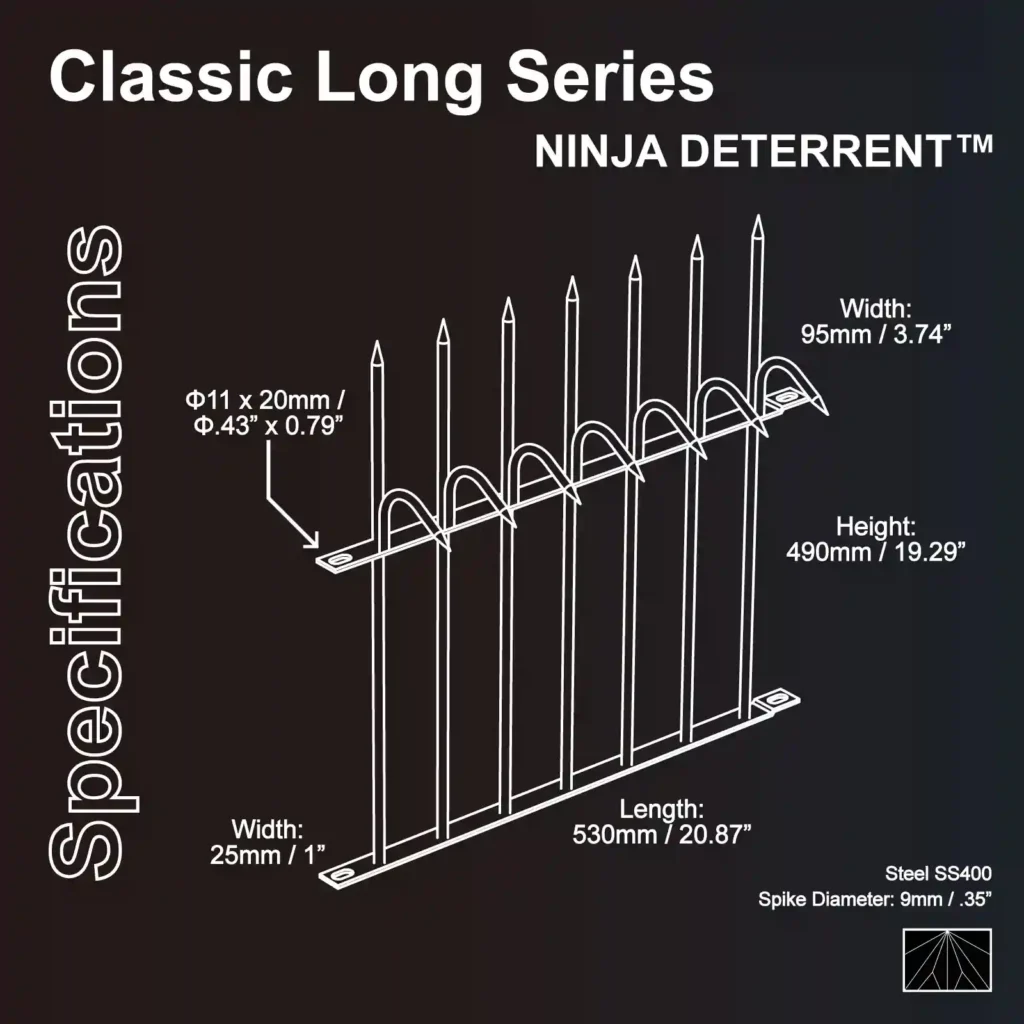 Especificações técnicas dos espigões de segurança Ninja Deterrent série Long (DT49) em aço SS400, ideal para perímetros extensos.