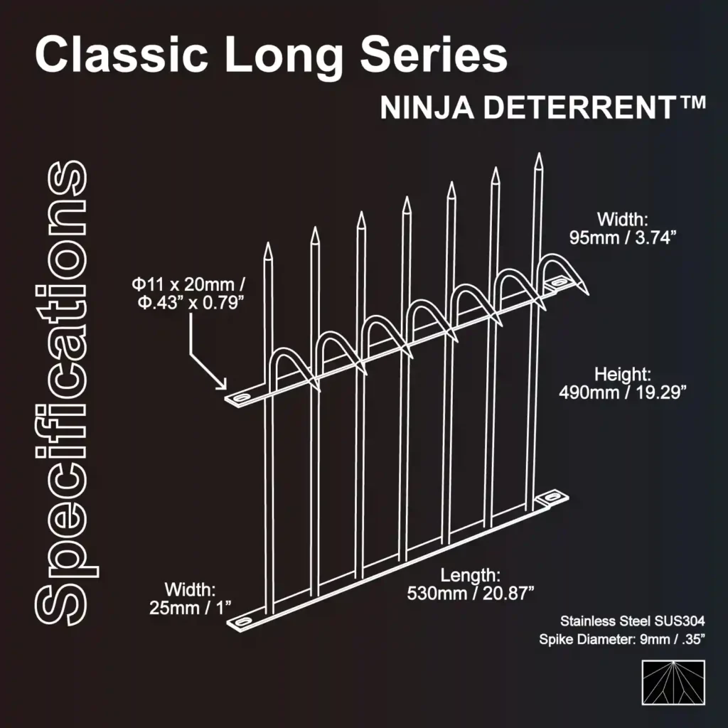 Classic Long Series - Ninja Deterrent 长款不锈钢防攀尖刺规格，高度 490mm 专业安防参数。