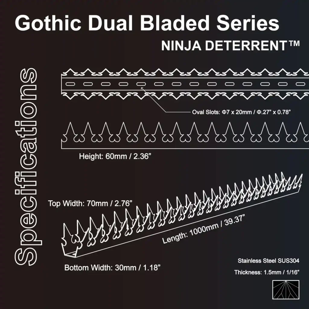 Gothic Dual Bladed Series - Ninja Deterrent の製品仕様図。高さ60mm、長さ1000mm、ステンレスSUS304製などの詳細寸法。