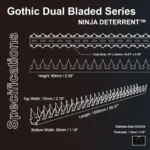 Desenho técnico e especificações dos espigões de segurança Ninja Deterrent série Gothic Dual (fileira dupla) para proteção reforçada.
