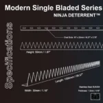 Desenho técnico e dimensões dos espigões de segurança Ninja Deterrent série Modern Single Bladed para proteção perimetral de muros.