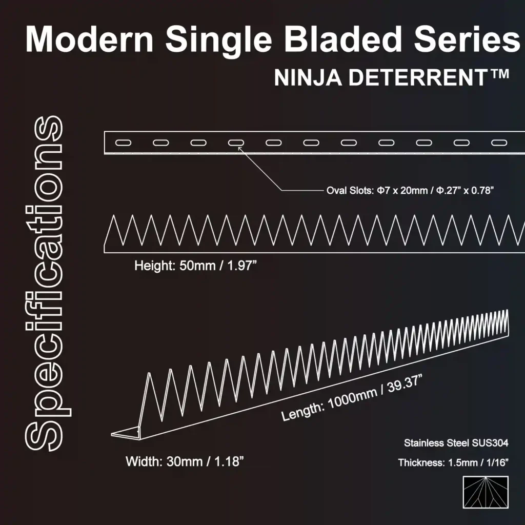 Plan technique avec les spécifications des pointes de sécurité Ninja Deterrent série Modern Single Bladed (une rangée), incluant les dimensions détaillées pour l'installation.