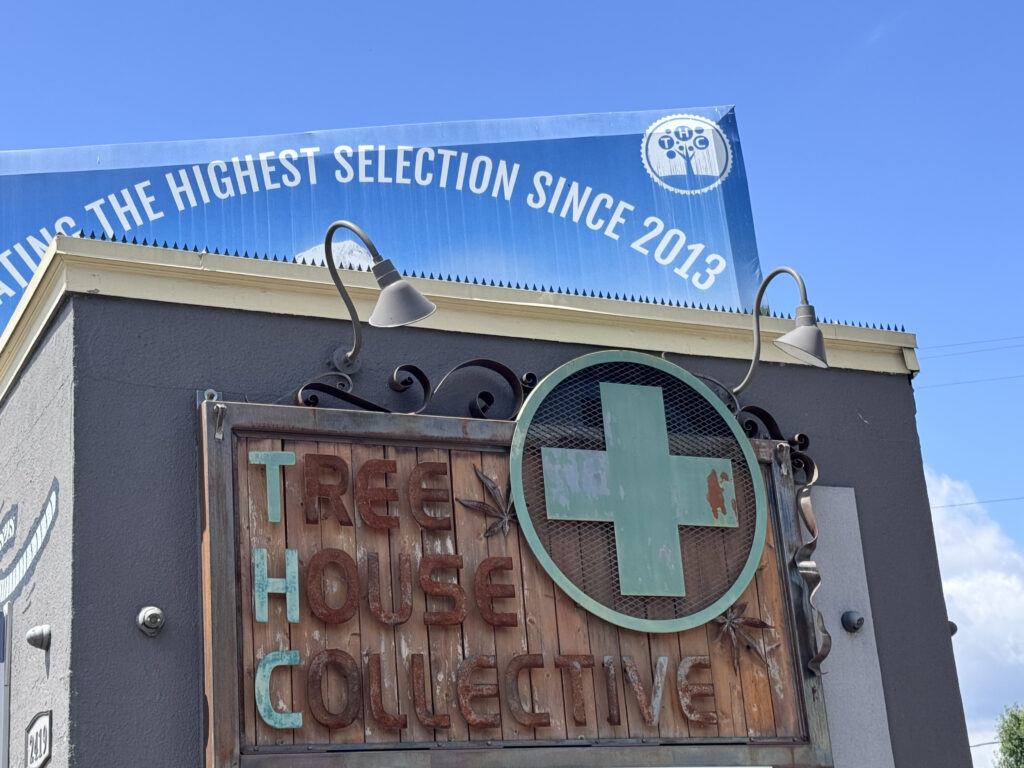 Detailaufnahme des Tree House Collective-Holzschilds mit grünem Kreuz-Logo