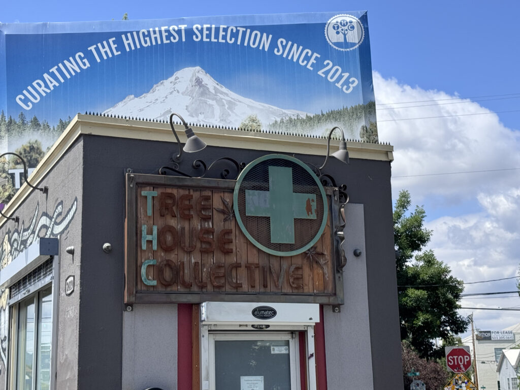 木製サインと緑の十字ロゴがある Tree House Collective の正面入口