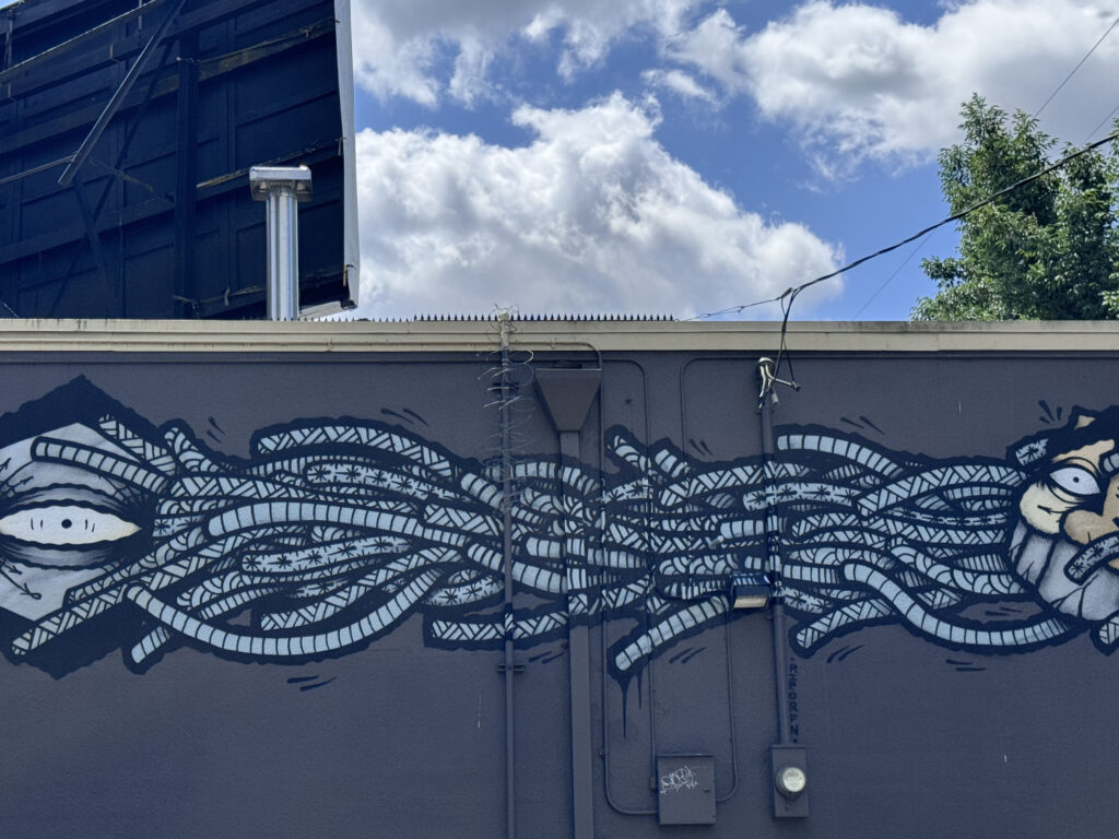 Mural em preto e branco em parede externa cinza, com espigões de segurança ao longo da borda do telhado
