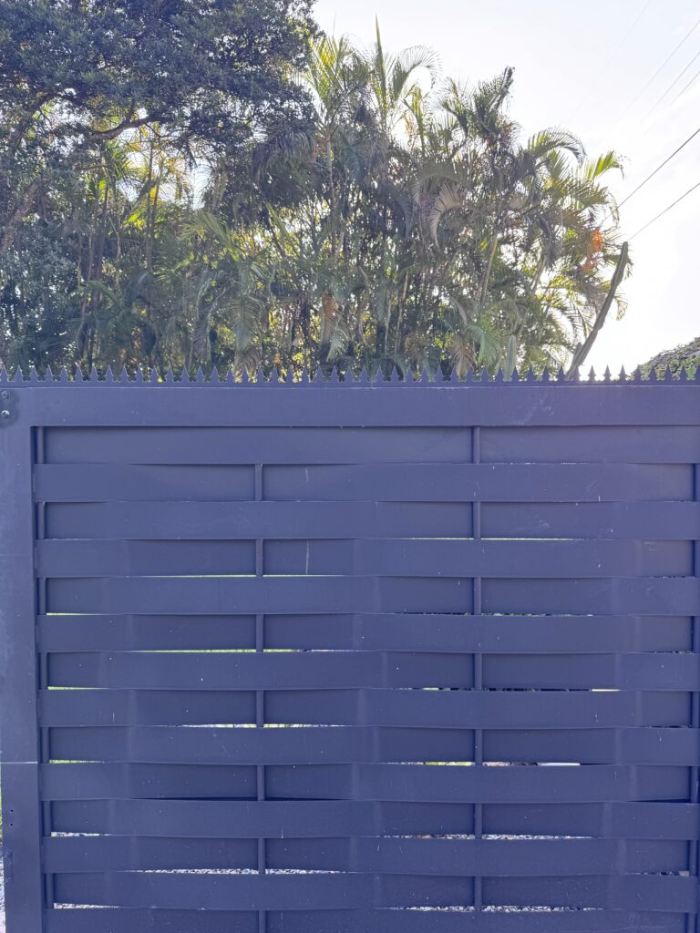 Detailed close-up of Gothic Ninja Deterrent™ along the top edge of a metal gate.