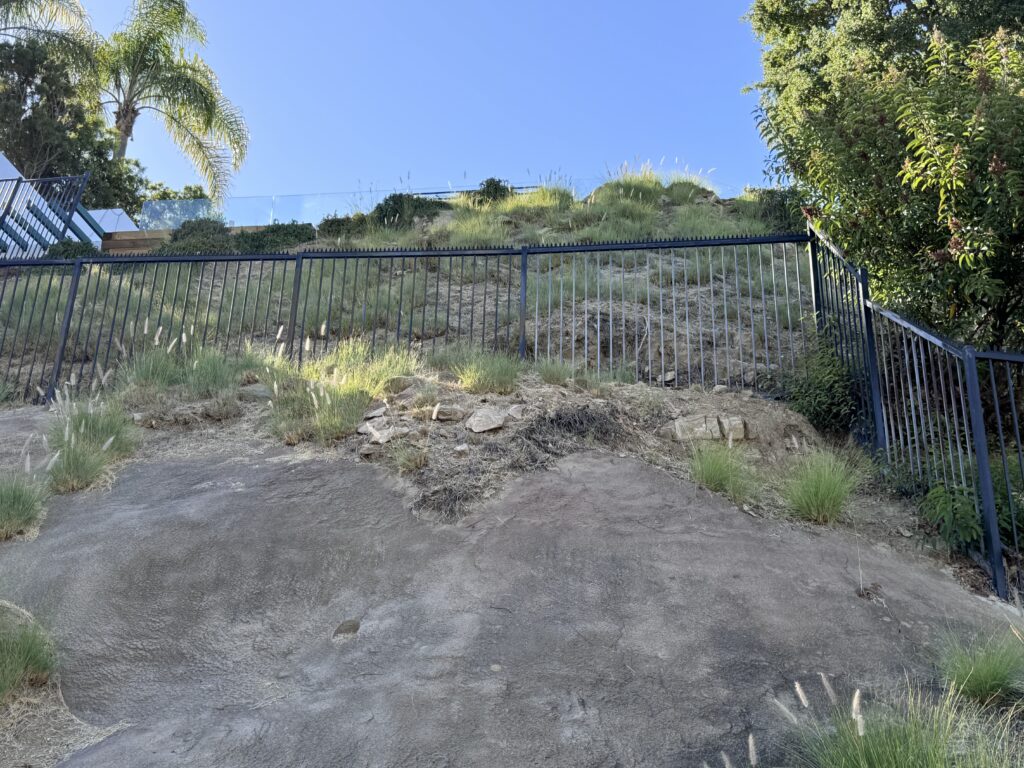 Clôture métallique noire en pente avec barreaux verticaux et pointes anti-escalade, suivant le dénivelé parmi herbes et arbres.