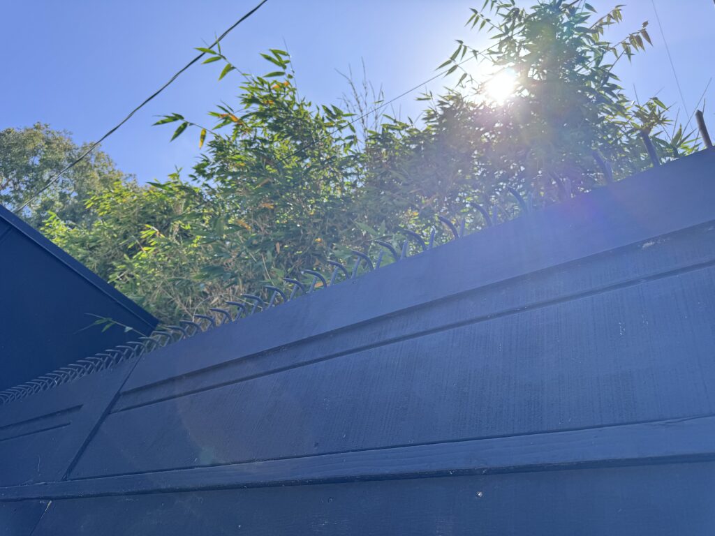 Vue en contre-plongée du sommet du portail avec des pointes courbes, à contre-jour avec le soleil filtrant à travers des feuilles de bambou.
