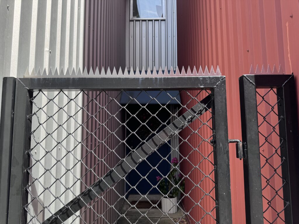 Vista frontal do portão chain-link com pontas no topo, com uma porta visível atrás.